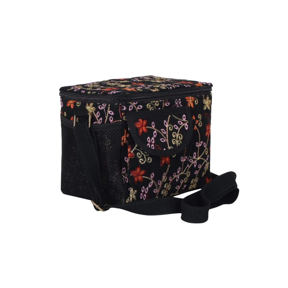 Black Embroidered Jute Lunch Bag